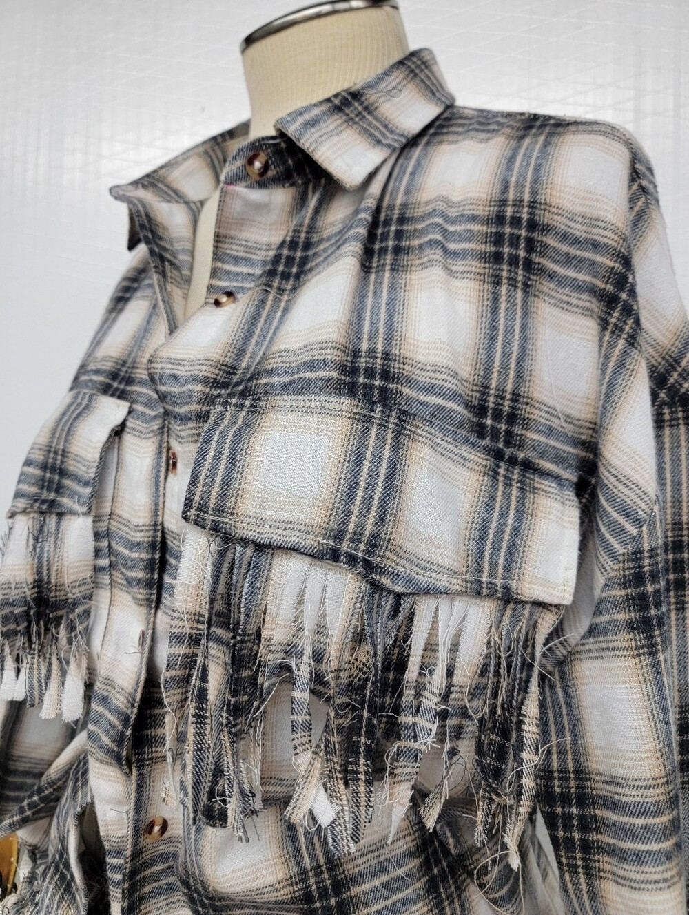 Journey 'Arrival Tour' Plaid Fringe Flannel Shirt  Jacket Shacket - Upcycled - Picture 7 of 9